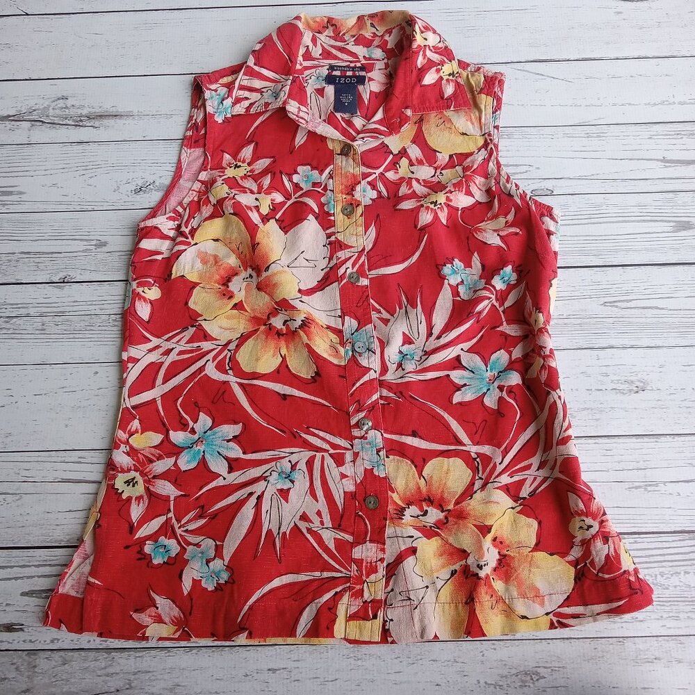 Izod Women's Red Floral 100% Washable Silk Sleeveless Tank Top Button Up Size 4
